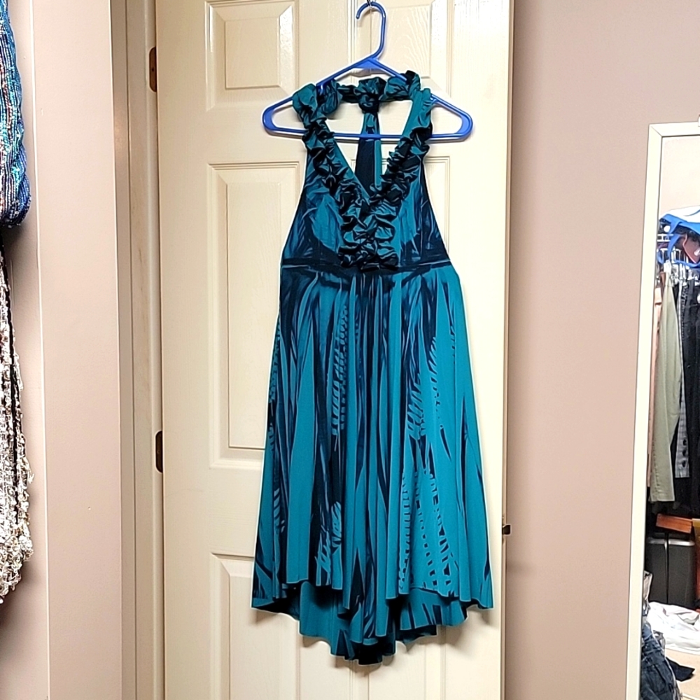 Halter cocktail dress with handkerchief cut and beautiful ruffled v-neck cut